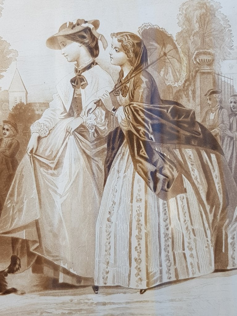 Mooie antieke ingelijste prent uit Engeland met twee vrouwen, Ophalen of Verzenden