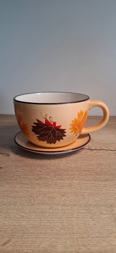 Keramieken XXL Bloempot "Theekop" met Herfstbladeren Taspot, Ophalen of Verzenden