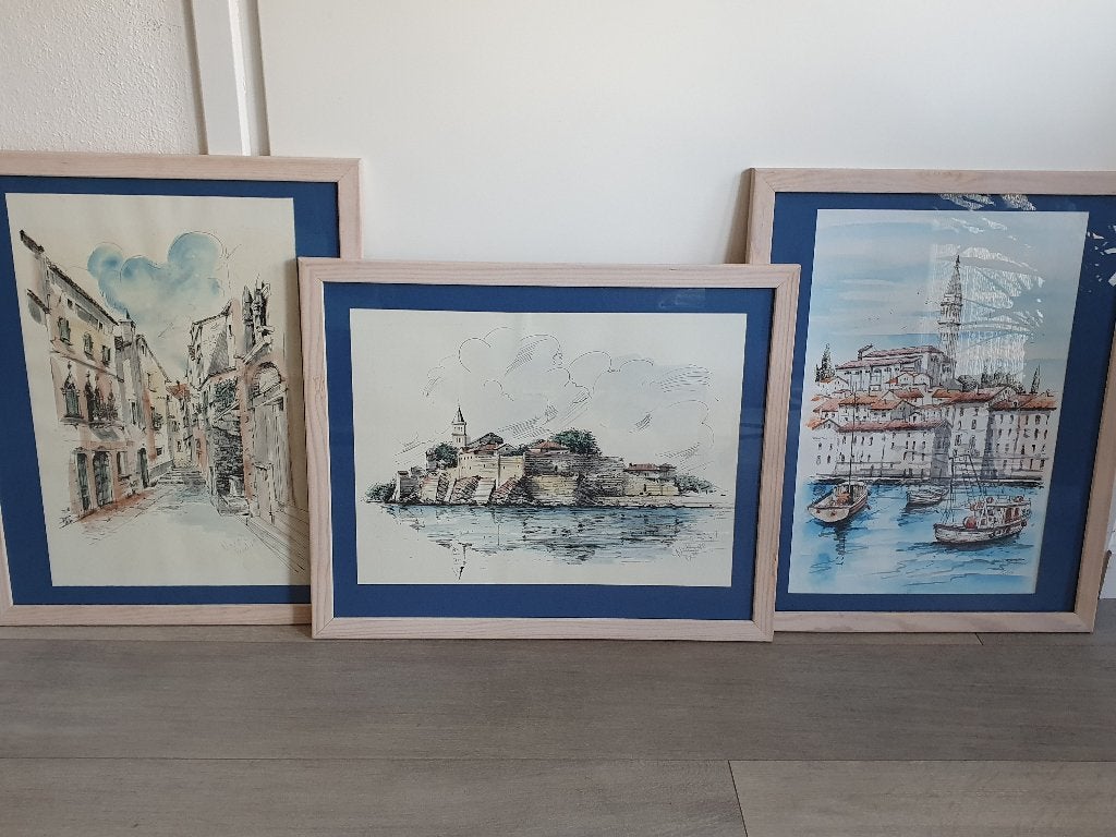 3 ingekleurde pentekeningen, Antiek en Kunst, Kunst | Tekeningen en Foto's, Ophalen