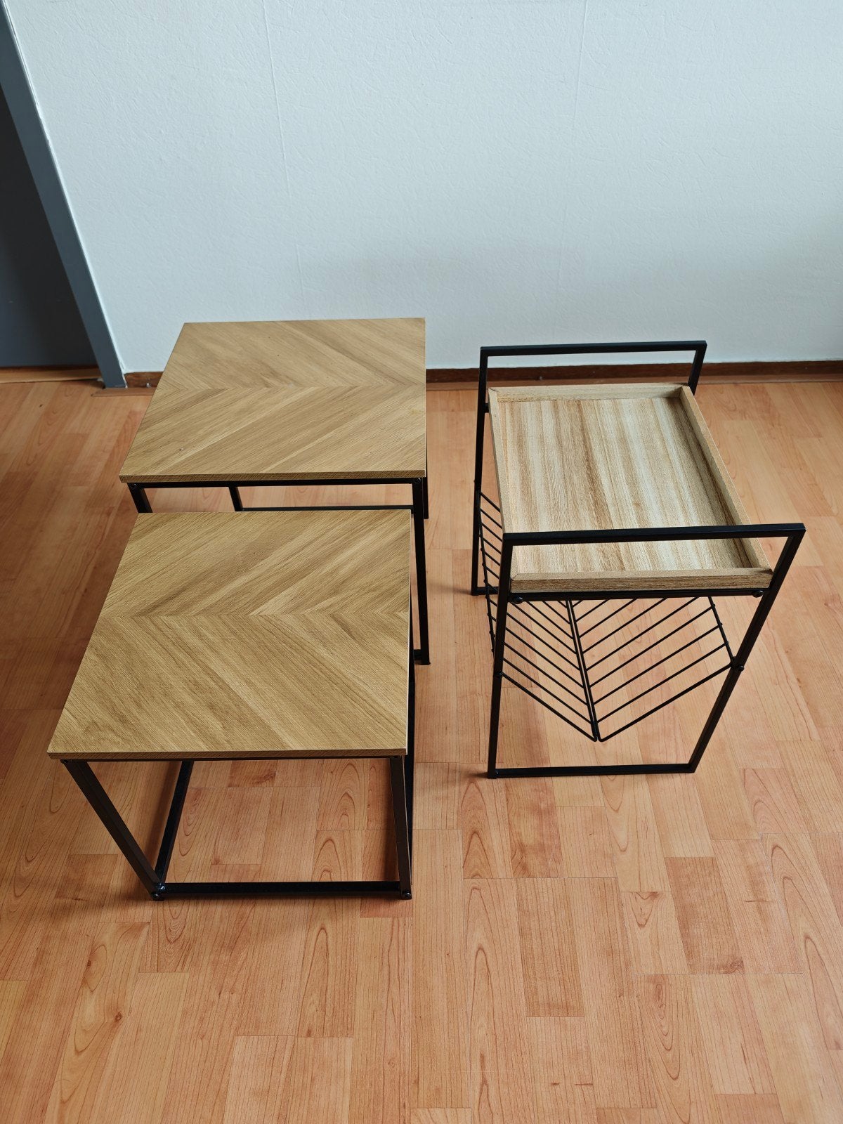 Set van 3 salontafels/bijzettafels met hout en metaal, Minder dan 50 cm, Modern, Industrieel, Vierkant, Minder dan 50 cm