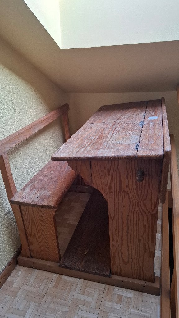 Vintage houten schoolbank met bankje, Ophalen