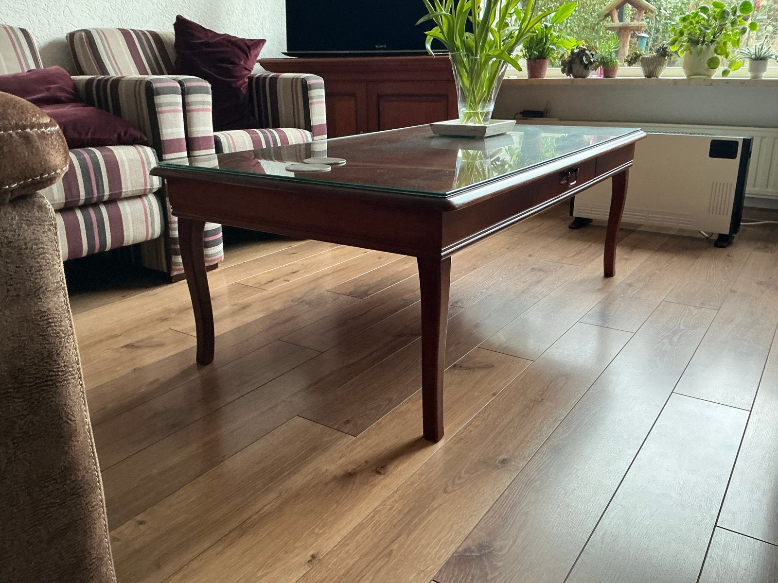 Massief Kersenhouten Salontafel met Lade en Glasplaat, Huis en Inrichting, 50 – 75, Gebruikt, 100 tot 150 cm, Kersenhout