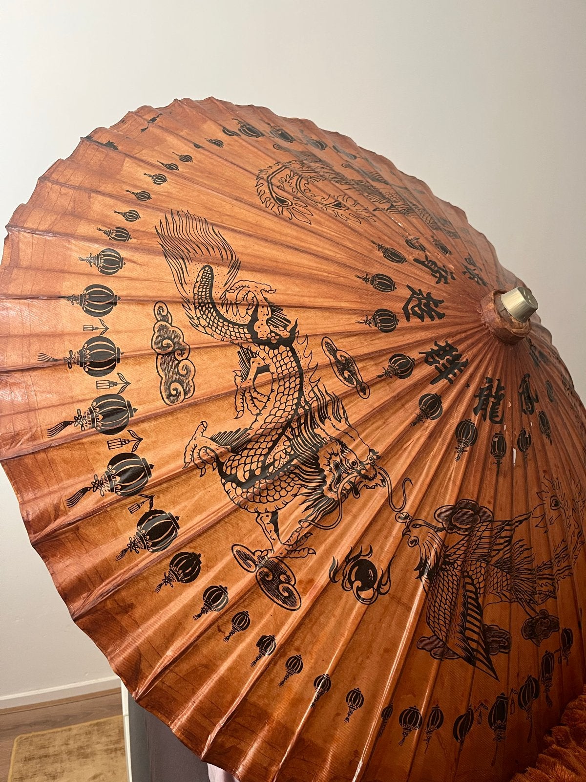 Grote Aziatische decoratieve paraplu - 107 cm diameter, Ophalen, Gebruikt, Oosters, Natuurlijk materiaal