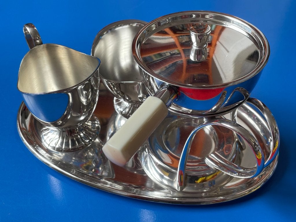 verzilverd room- en suikerset + dienblad Douwe Egberts, Gebruikt, Overige materialen, Overige stijlen, Ophalen of Verzenden