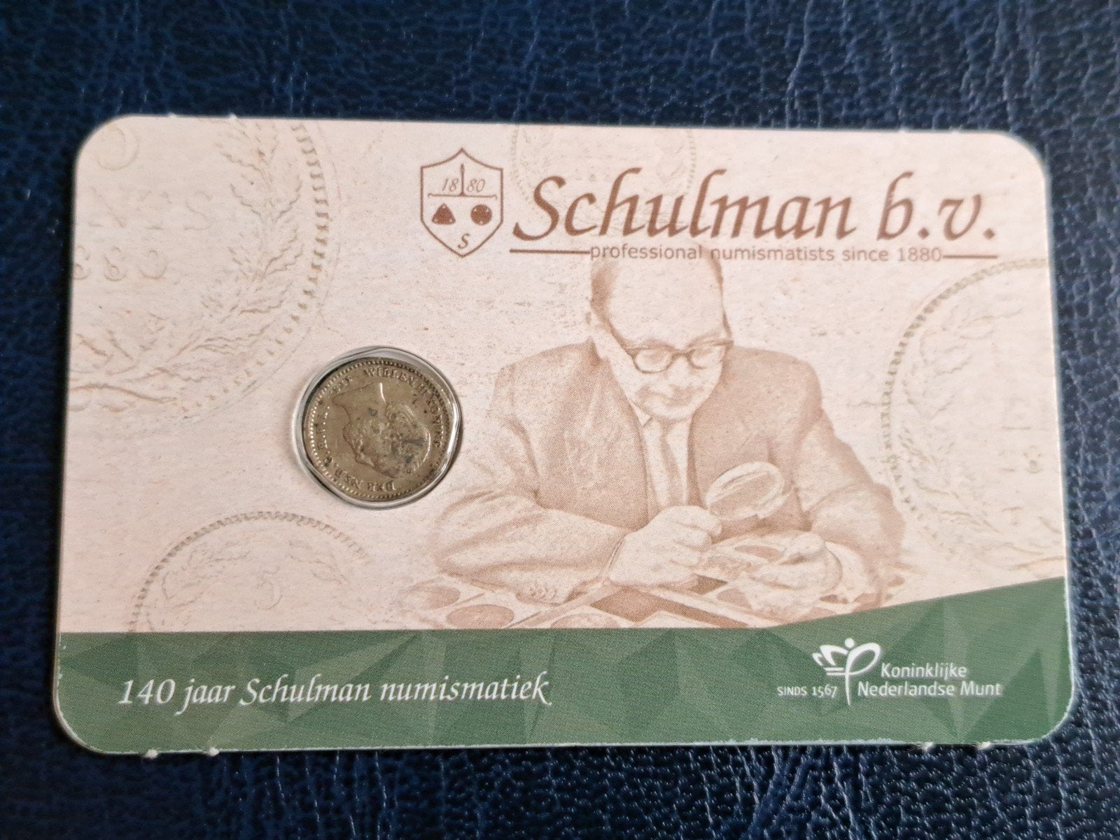 140 jaar Schulman Numismatiek coincard met 1862, Ophalen of Verzenden, Koning Willem III, 5 cent, Zilver