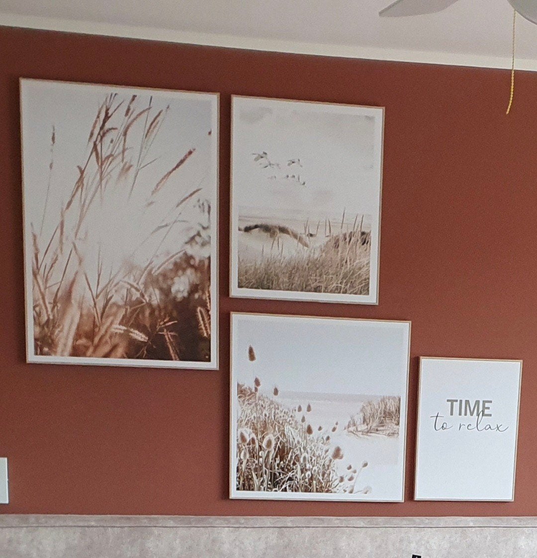 Set van 4 schilderijen met thema: duinen, zee en strand, Ophalen, Gebruikt, 50 tot 75 cm, Print