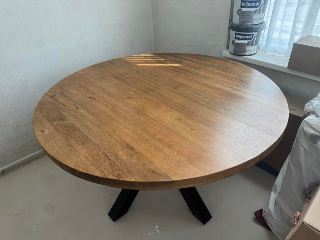 150cm ronde mangohouten eettafel, Ophalen of Verzenden, Zo goed als nieuw, Rond, 100 tot 150 cm