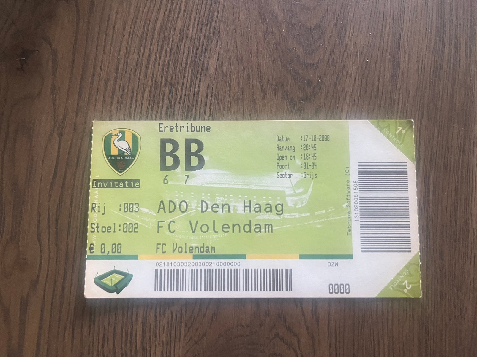 TICKET ADO DEN HAAG-VOLENDAM 8-9, Ophalen of Verzenden, Zo goed als nieuw, Overige binnenlandse clubs, Overige typen