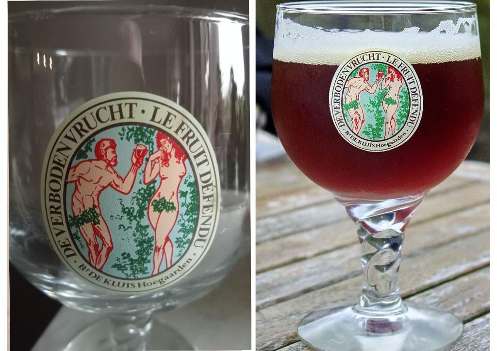 2 Verboden Vrucht bierglazen 0,33 L., Ophalen of Verzenden, Zo goed als nieuw, Glas of Glazen, Overige merken