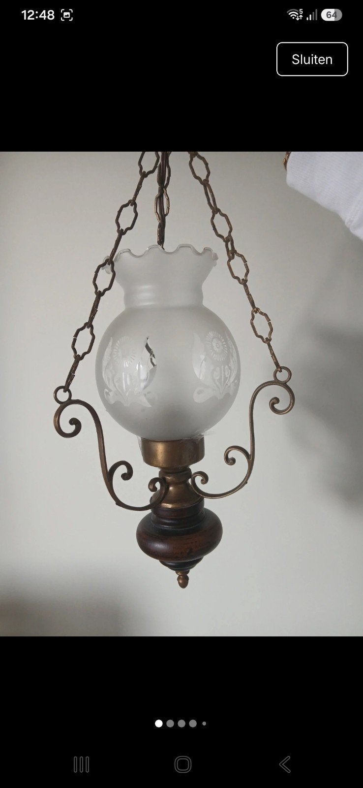 Antieke hanglamp met melkglas en messing details, Ophalen