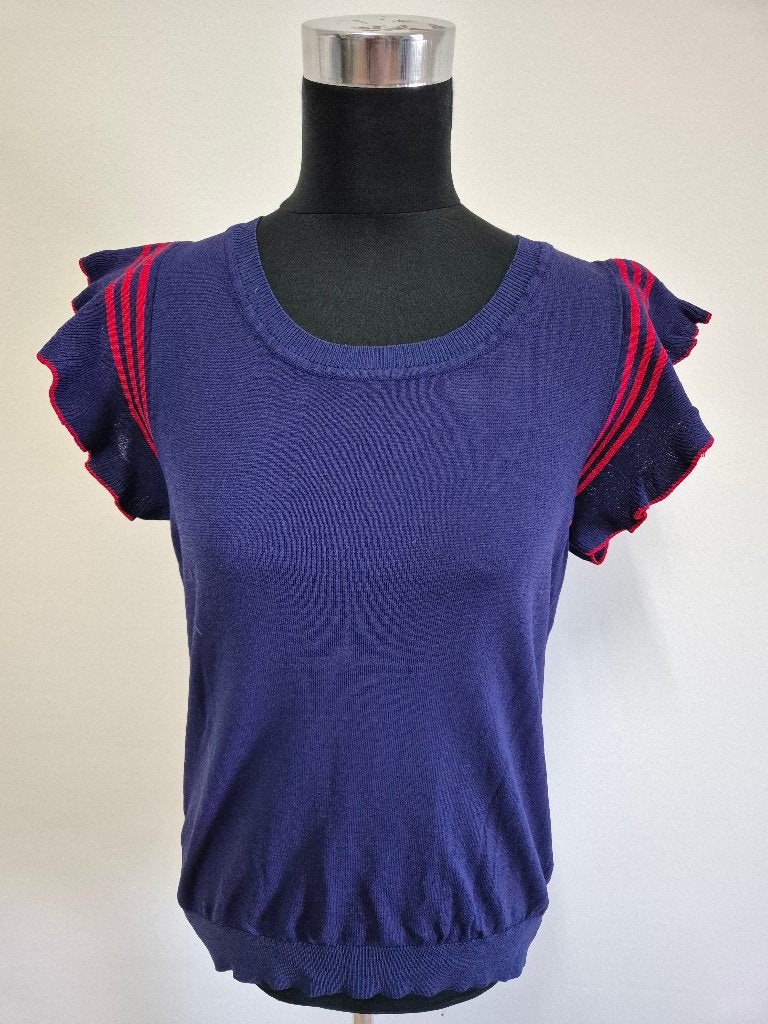 Top133 - Donkerblauw shirt met rode bies maat L (1), Kleding | Dames, T-shirts, Zo goed als nieuw, Maat 38/40 (M), Blauw, Korte mouw