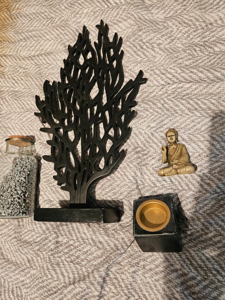 Decoratieve set: Boeddha, levensboom en kaarsenhouder, Ophalen, Zo goed als nieuw