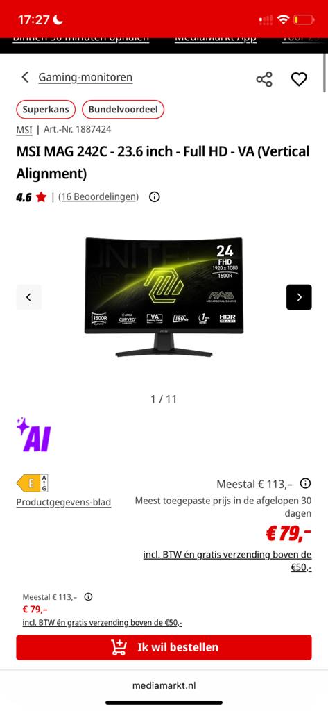 MSI MAG 242C Gaming Monitor - Nieuw, geopend, Seizoenskaart, Eén persoon