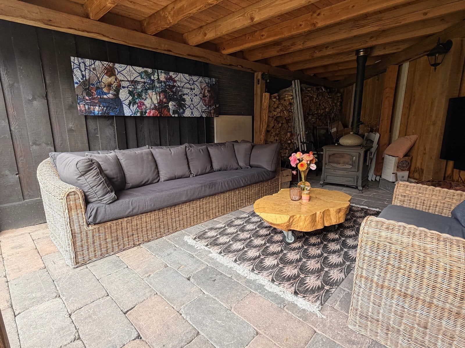 Rieten Loungeset: Bank (270x100) en Loungestoel (100x100), Tuin en Terras, Ophalen, 4 zitplaatsen, Rotan, Zo goed als nieuw