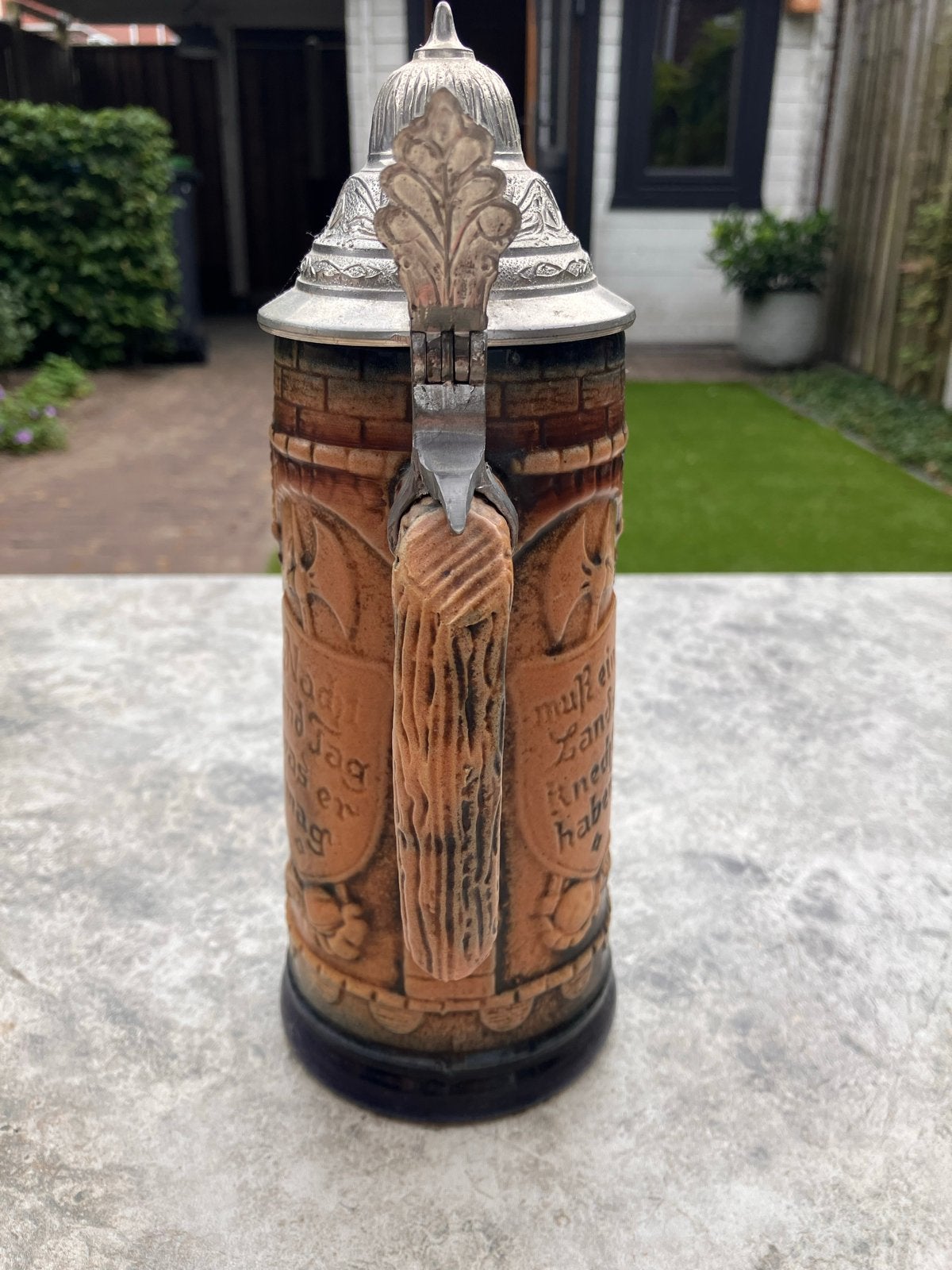 Vintage Gerz Duitse Bierpul met Tinnen Deksel en Reliëf, Antiek en Kunst, Ophalen of Verzenden