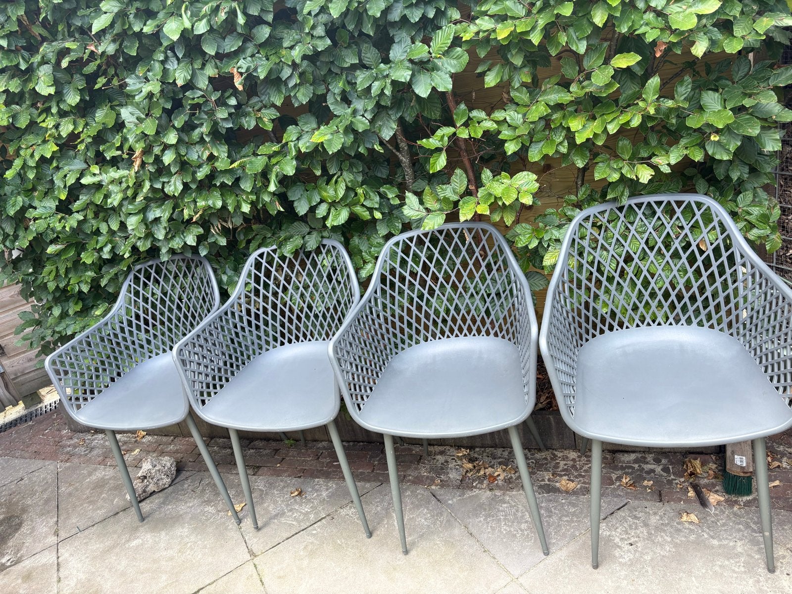 Set van 4 groene tuinstoelen van kunststof en metaal, Tuin en Terras, Tuinstoelen, Ophalen, Gebruikt, Kunststof