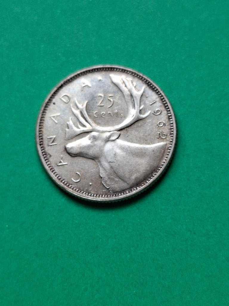 1962 Canada 25 cents zilver Elizabeth II met kariboe, Verzenden, Noord-Amerika, Losse munt, Zilver