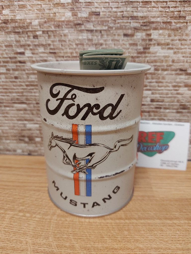 spaarpot vorm van olie drum, ford mustang inhoud 600 ml, Ophalen of Verzenden, Nieuw, Metaal of Blik, Vervoermiddel
