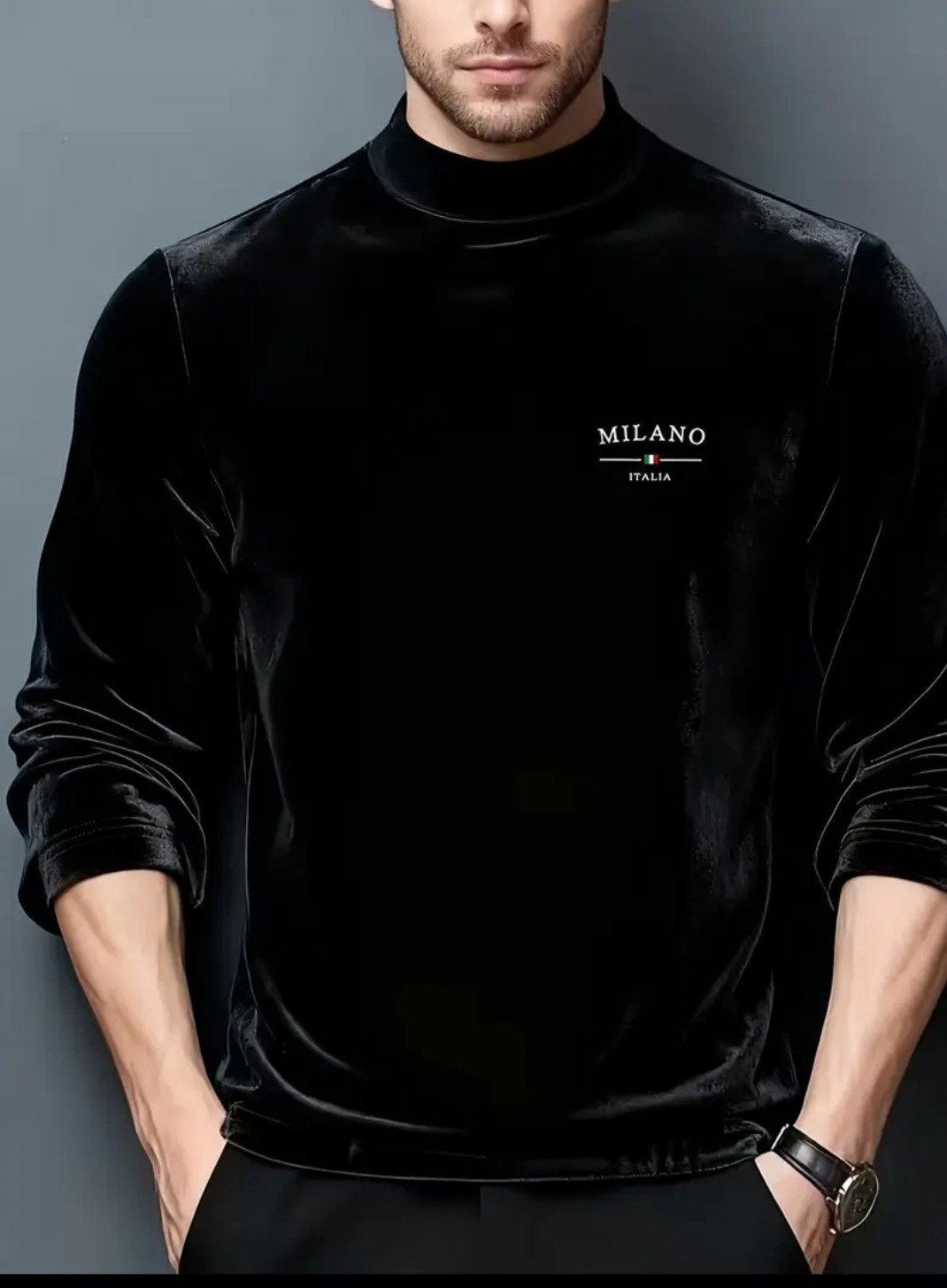Zwart fluwelen shirt met lange mouwen - Milano Italia, Maat 52/54 (L), Milano Italia, Zwart, Nieuw