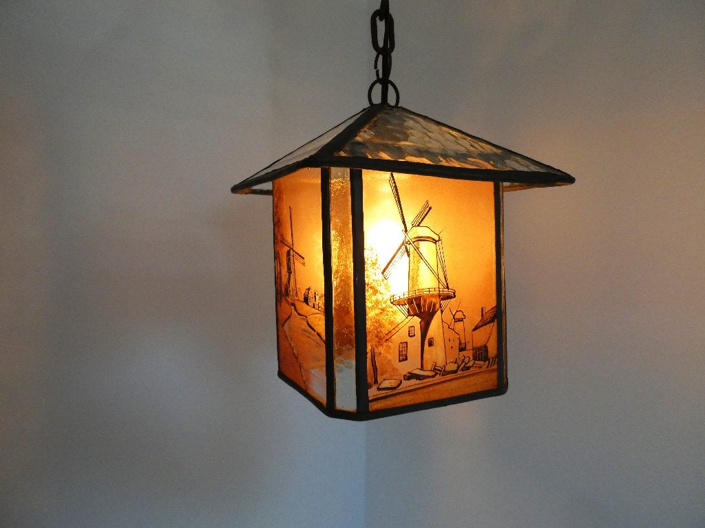 Glas in lood hanglamp lantaarnlamp Hollandse molen ca. 1920, Ophalen of Verzenden