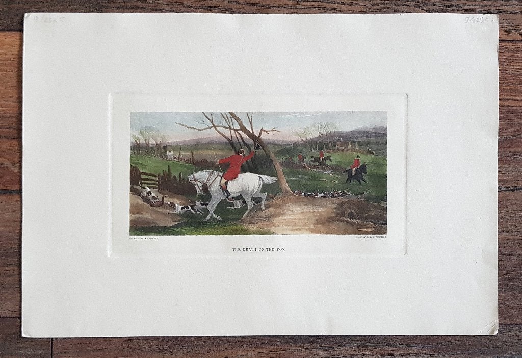 Oude originele lithogravure Jachttafereel, handgekleurd, Antiek en Kunst, Ophalen, 27 cm, Gravure, Landschap
