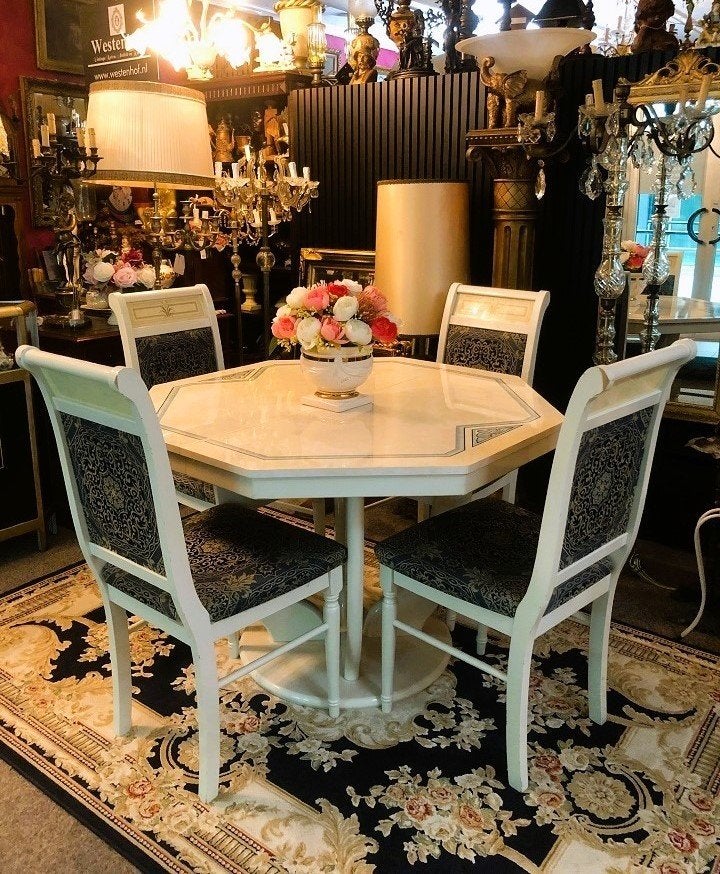 Eettafel + 4 stoelen Italiaanse klassiek crème, barok blauw, Ophalen, Gebruikt, Overige materialen, Klassiek