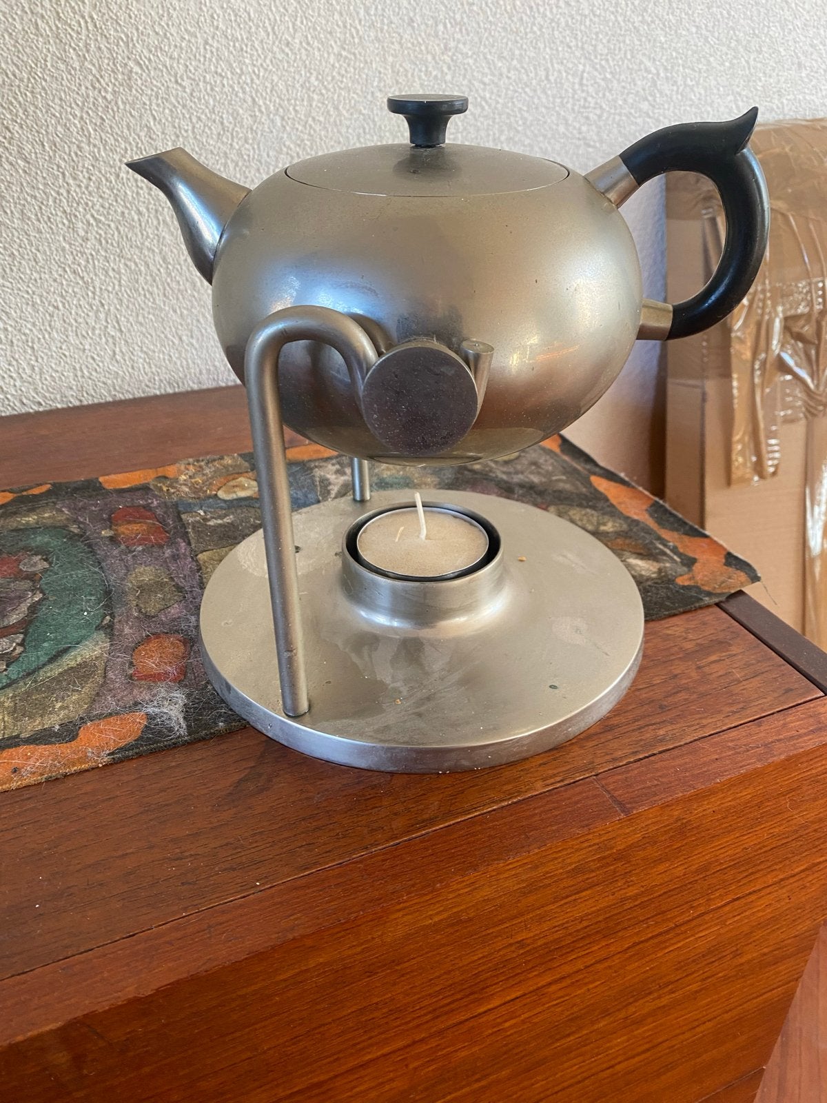 Vintage theepot met theelicht - RVS design, Ophalen of Verzenden