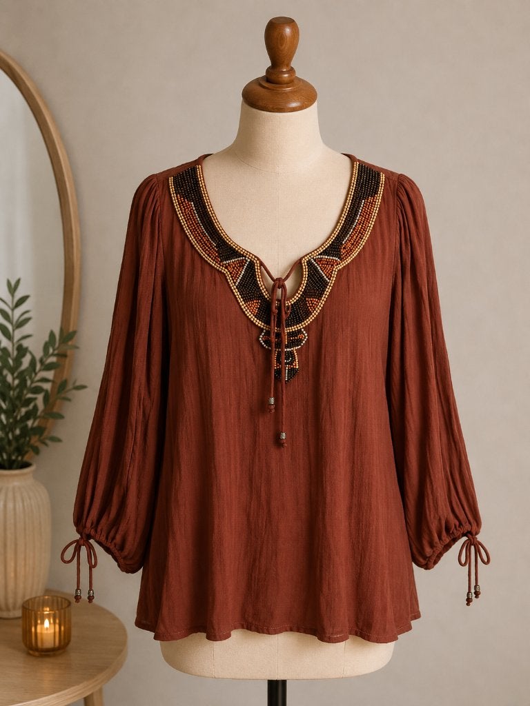 Nieuwe bruine blouse met kraaltjes maat 44 / 46 XL MS Mode, Bruin, Maat 46/48 (XL) of groter, Nieuw, Ophalen of Verzenden