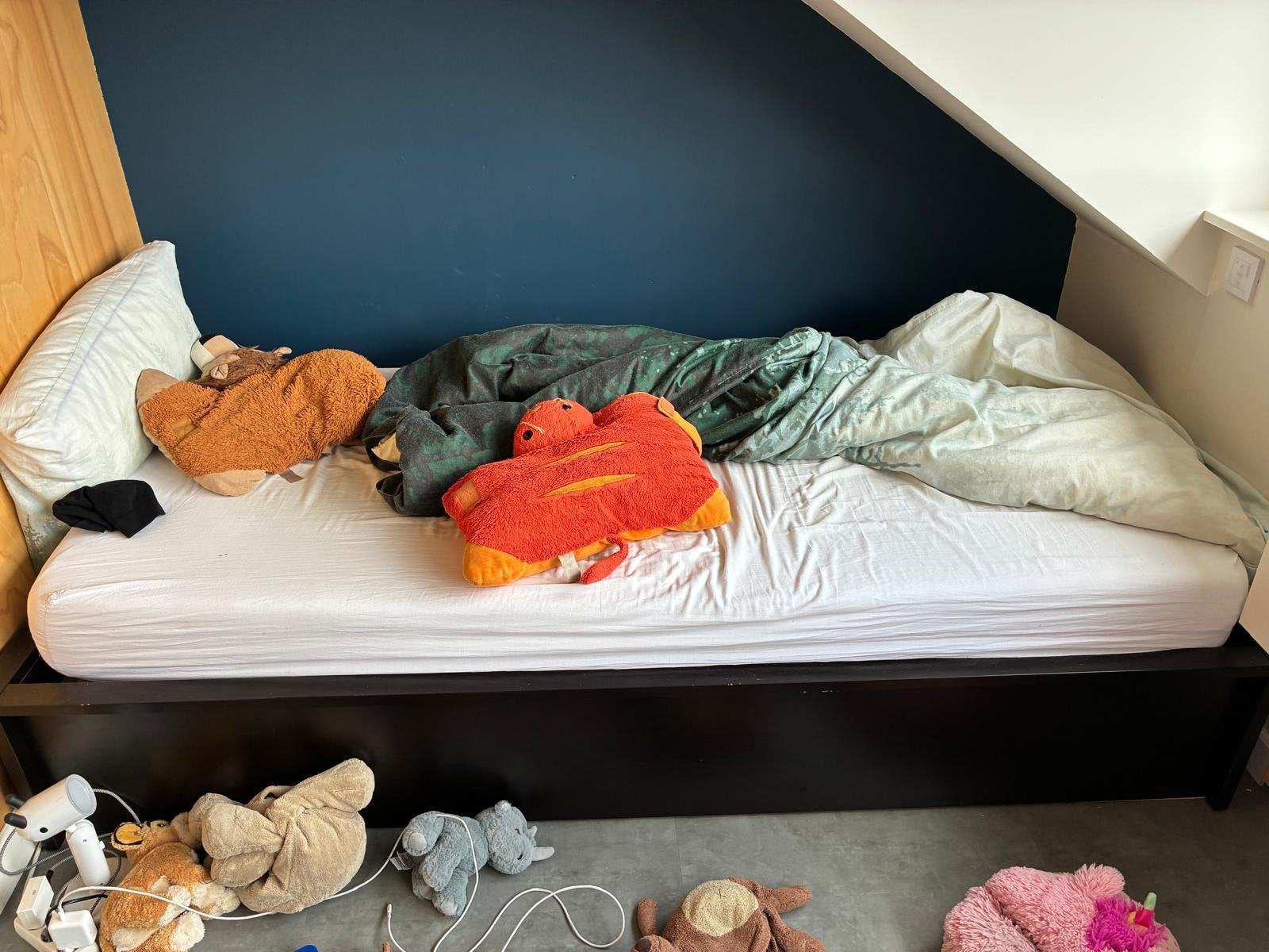 Bed 90x200 met opbergruimte, Ophalen, 90 cm, Eenpersoons, Wit