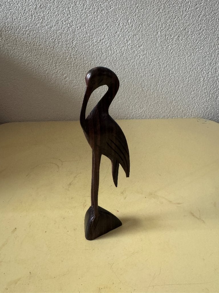 Vintage houten kraanvogel handgesneden mid century, Houtsnijwerk, Minder dan 20 cm, Art deco, Gepatineerd