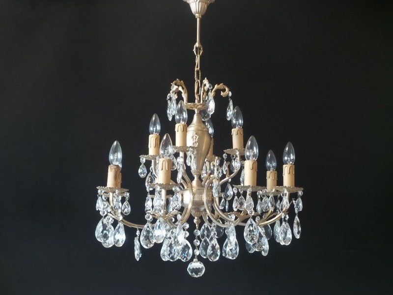 Franse kroonluchter met messing frame kristallen facetpegels