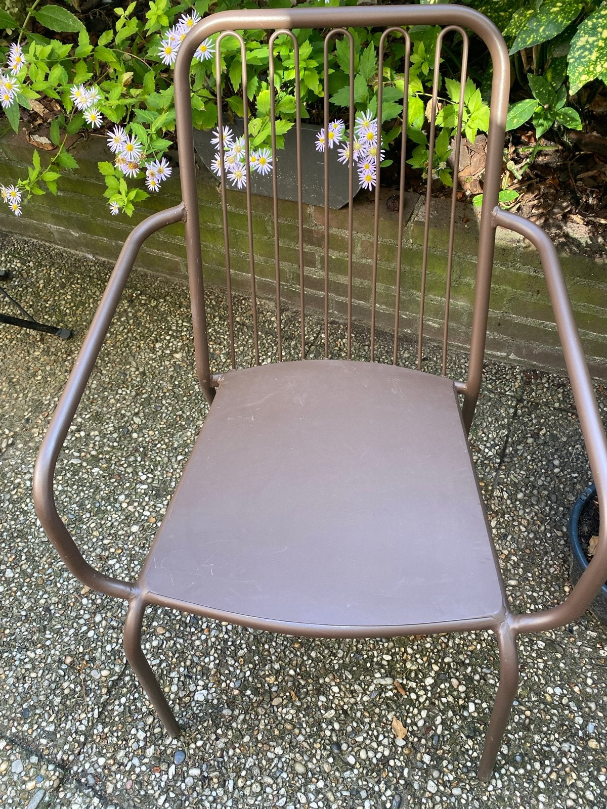 Metalen bruine terrasstoelen - Stapelbaar, Ophalen, Gebruikt, Metaal, Stapelbaar