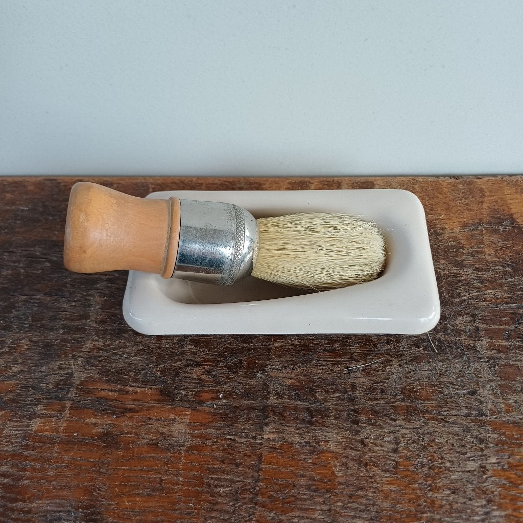 Oude scheerkwast in emaille bakje, Gebruikt, Gehele gezicht, Onbekend, Ophalen of Verzenden
