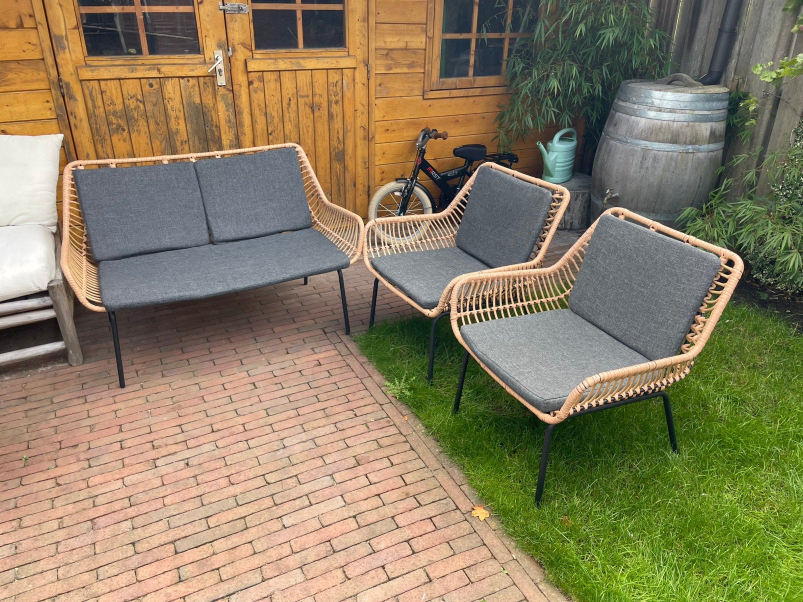 Tuinset 1 bank en 2 stoelen met kussens, Ophalen, Gebruikt, Bank