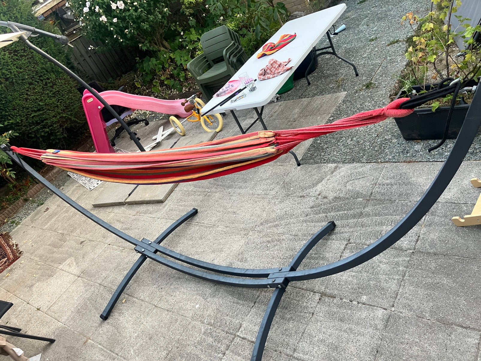 Potenza tweepersoons hangmat met standaard, Tuin en Terras, Ophalen, Meerpersoons, Zo goed als nieuw, Met standaard