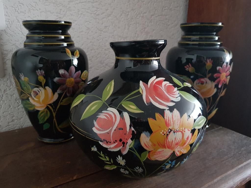 Mooie set van 3 vazen Art Deco  beschilderd met bloemen, Antiek en Kunst, Curiosa en Brocante, Ophalen of Verzenden