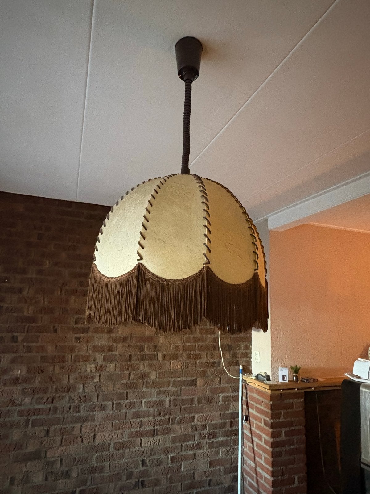 Vintage hanglamp met franjes - Unieke sfeermaker, Ophalen, Gebruikt, Textiel, E27 (groot)