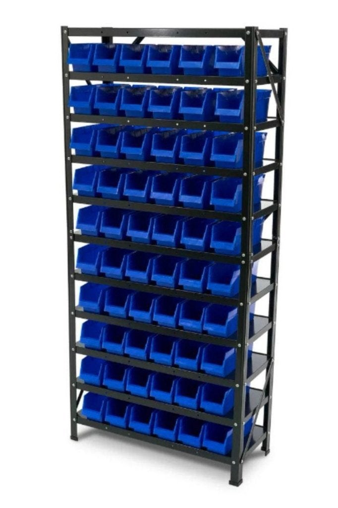 Groot magazijnrek met 60 blauwe opbergbakken, Ophalen, Zo goed als nieuw