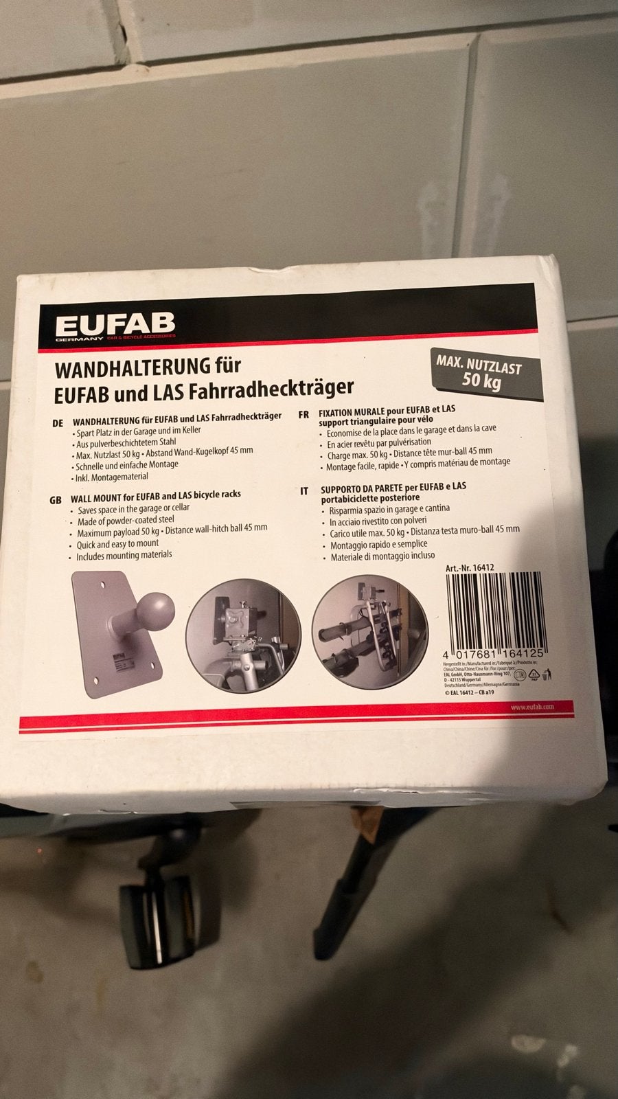 Eufab/LAS Fietsendrager Wandhouder - Max. 50kg, Fietsen en Brommers, Ophalen of Verzenden, Nieuw
