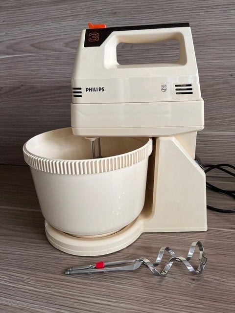 Vintage Philips handmixer met zelfdraaiende beslagkom, 2 tot 3 liter, Verzenden, Gebruikt, 3 snelheden of meer