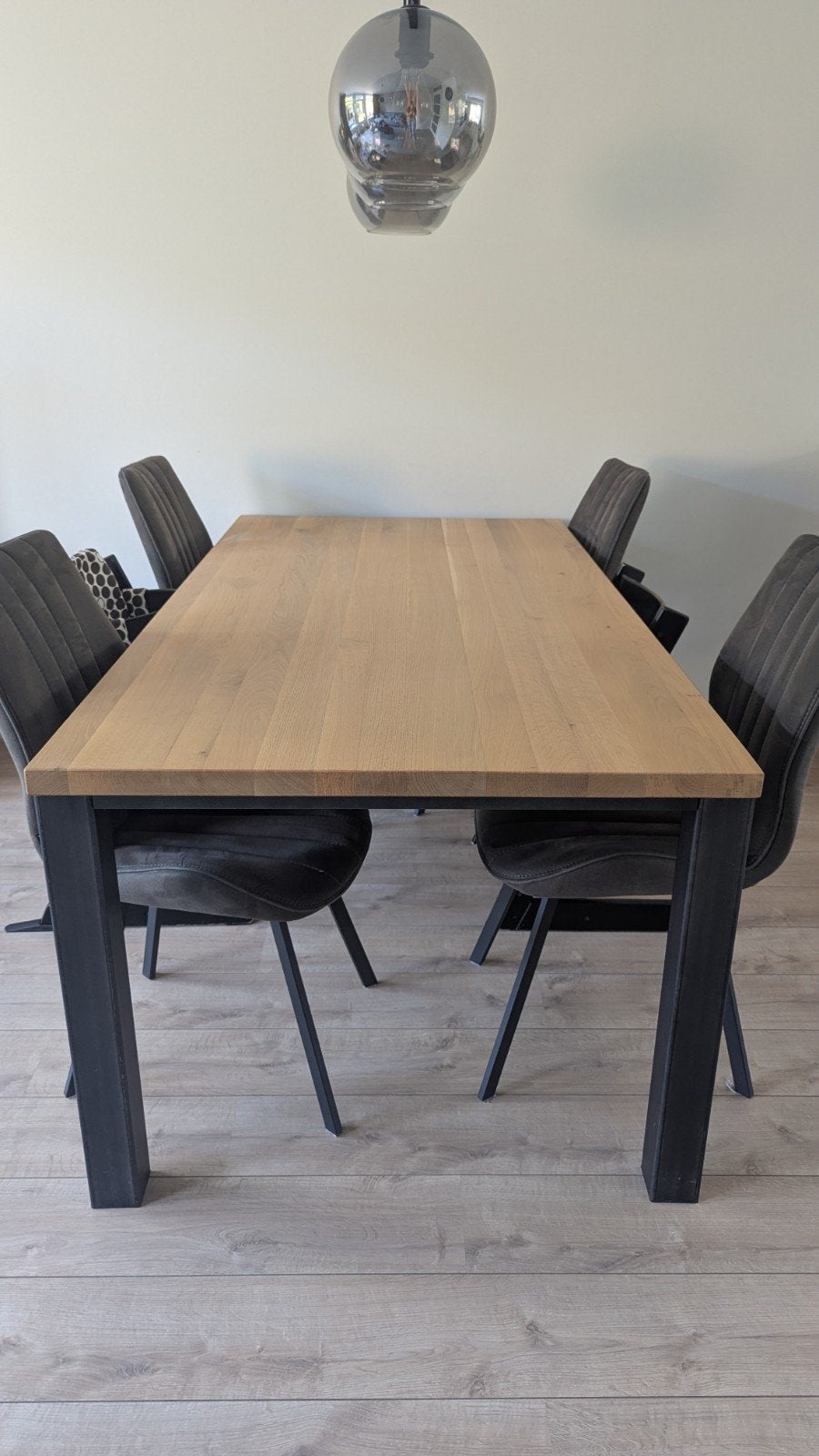 eiken houten eettafel met stalen poten. 100x200cm, Ophalen, 200 cm of meer, 50 tot 100 cm, Zo goed als nieuw