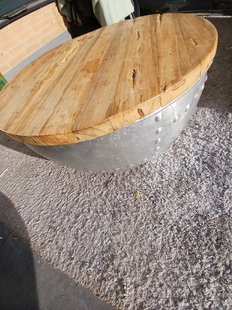 Salontafel hout met aluminium 70cm, Gebruikt, 50 tot 100 cm, Rond, 50 tot 100 cm