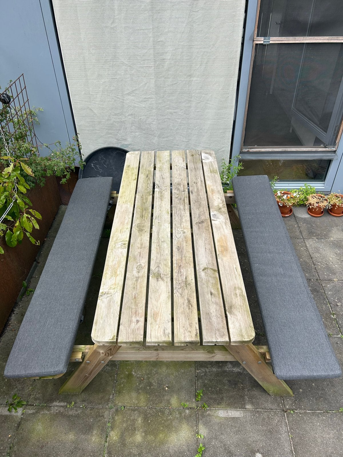 Picknicktafel 180x70 cm met inklapbare bankjes, Ophalen, Zo goed als nieuw, Inklapbaar, Rechthoekig