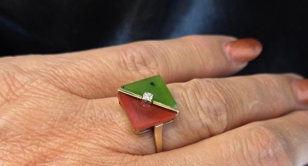 Gouden Vintage ring carneool aventurijn diamant. 2026/193., Ophalen of Verzenden, Goud, Ring, Met edelsteen