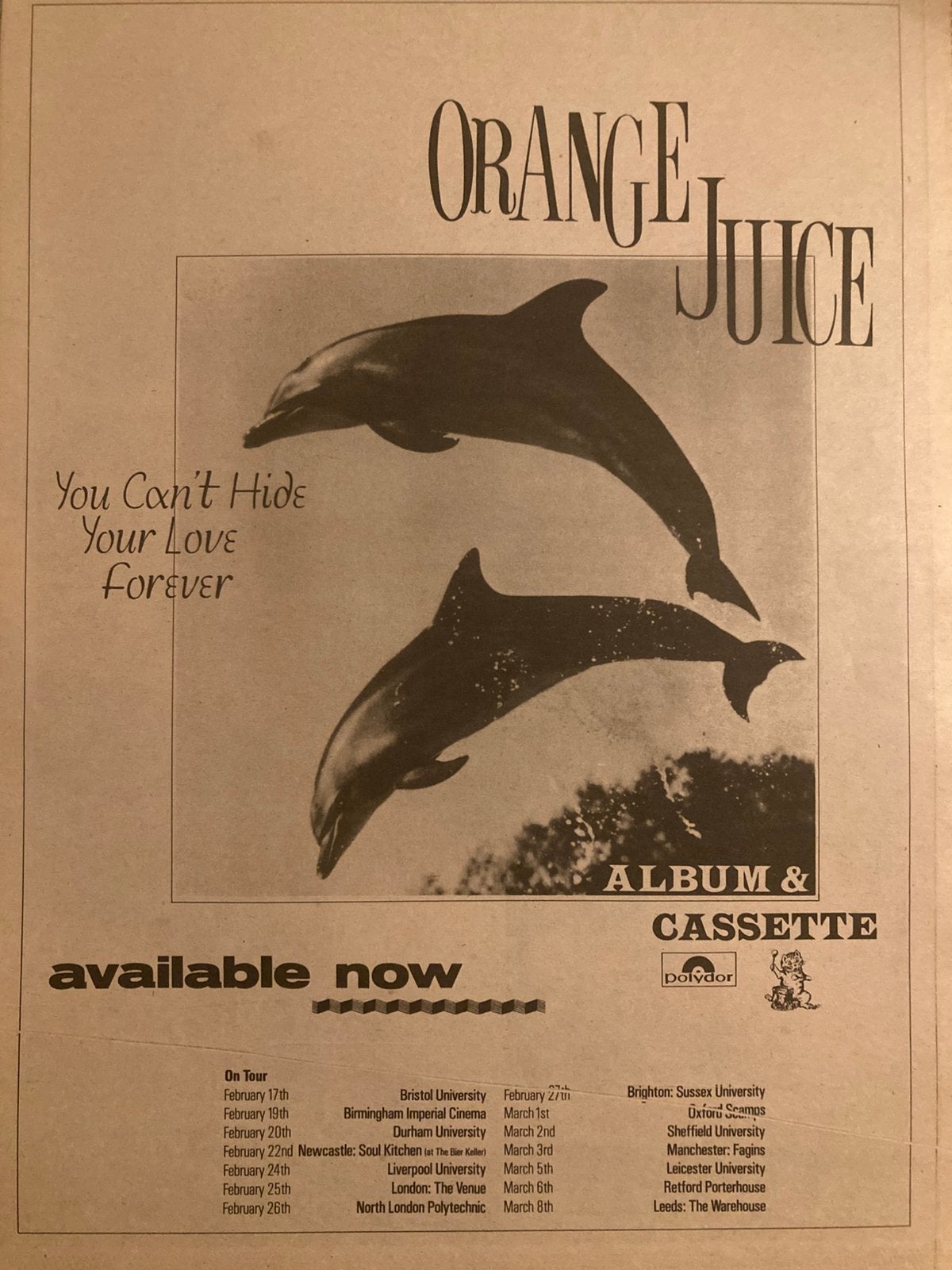 ORANGE JUICE You Can’t Hide tour A3 advertentie, Ophalen of Verzenden, Zo goed als nieuw, A1 t/m A3