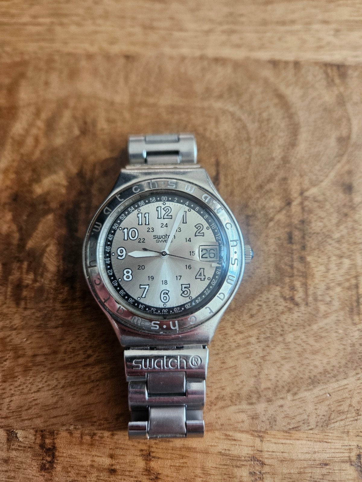 Vintage Swatch Irony Big "Happy Joe Silver" YGS413G, Sieraden, Tassen en Uiterlijk, Staal, Gebruikt, Staal, Polshorloge