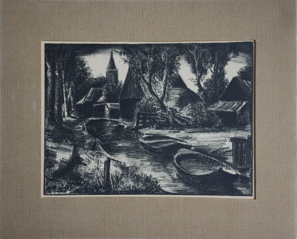 Arnout Colnot litho "Dorpsgezicht met Bootjes", passepartout, Ophalen, Minder dan 50 cm, Gebruikt, Oorspronkelijke maker