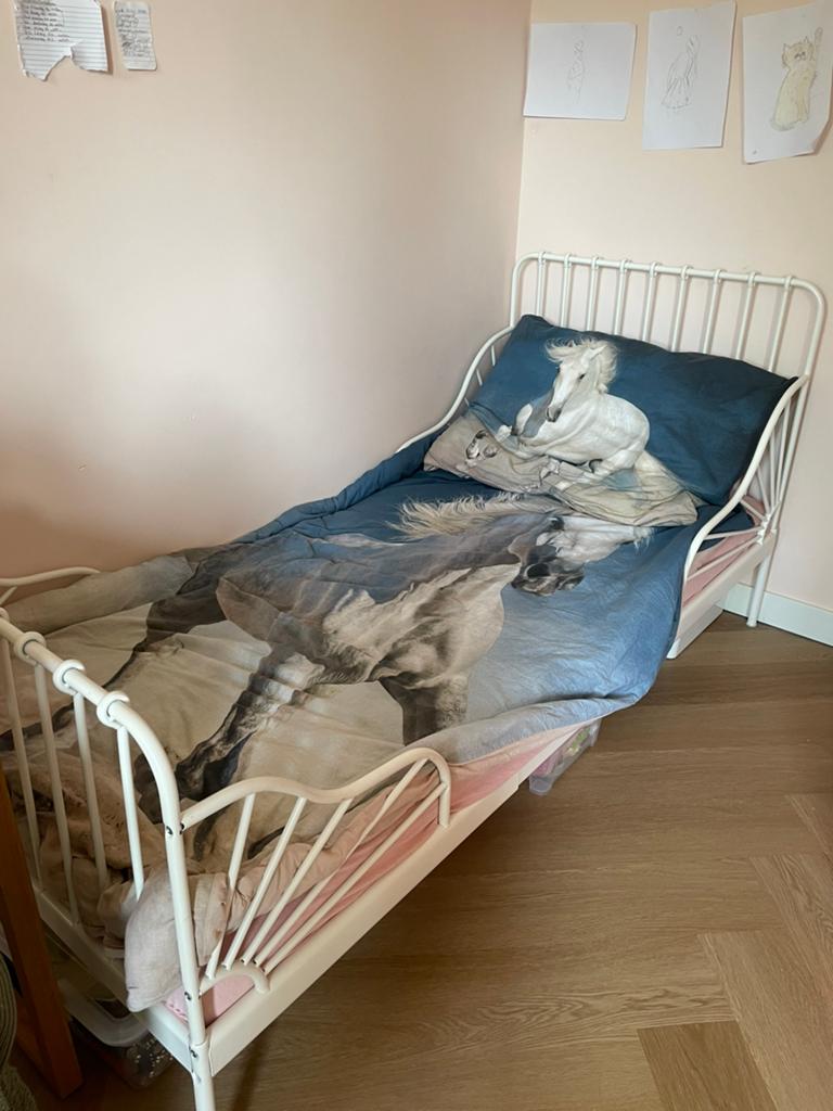 IKEA Meegroeibed wit, inclusief lattenbodem & matras, Ophalen, Gebruikt, 70 tot 85 cm, Lattenbodem