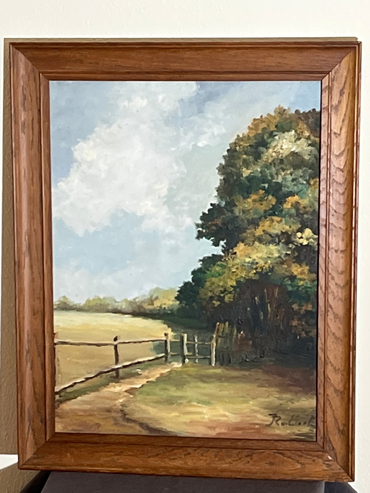 Schilderij Landschap met Bomen en Hek, Gesigneerd, Antiek en Kunst, Doek, Realistisch, Ophalen of Verzenden, Gesigneerd