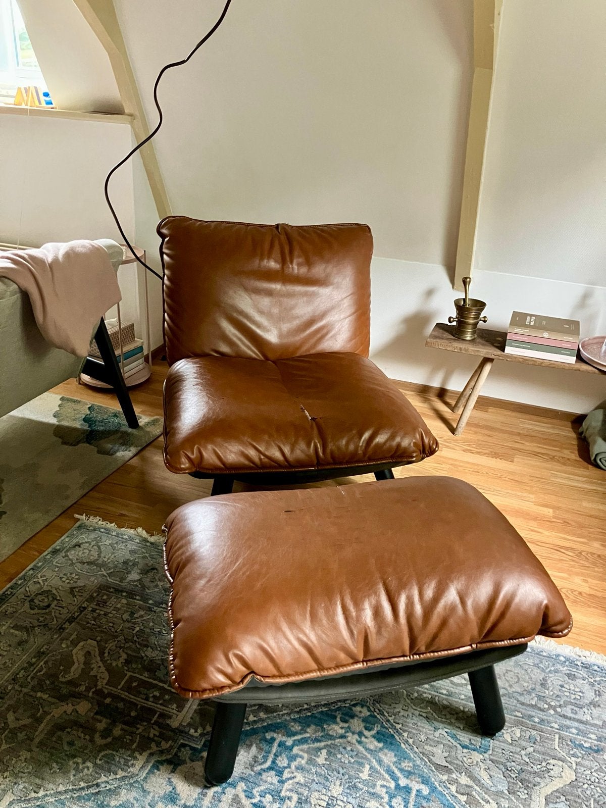 Zuiver Lazy Sack Fauteuil met Hocker Cognac Leer, Ophalen of Verzenden, Gebruikt, Leer, 75 tot 100 cm